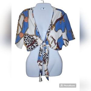 Shein women's tie front blue, white printed short sleeves  cropped top size L